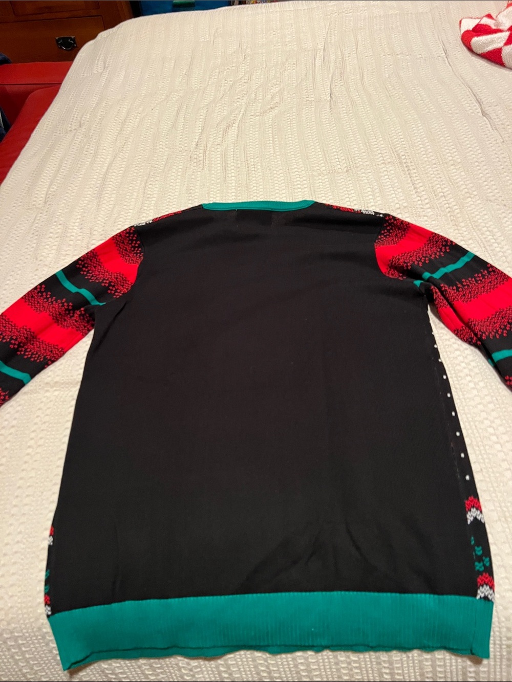 Men's Crewneck Sweater with Black Body and Red Patterned Sleeves